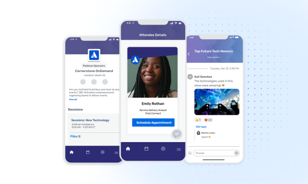 Mobile event app screens showing sessions, live Q&A, and attendees