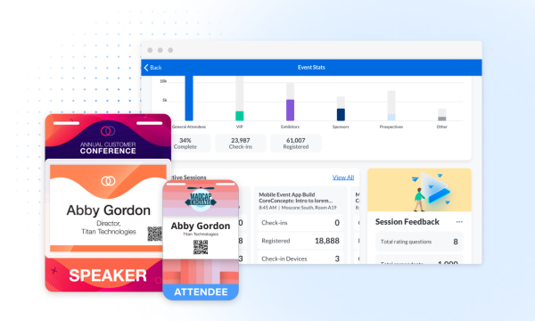 Cvent OnArrival screens showing check-ins, event stats, active sessions, and session feedback