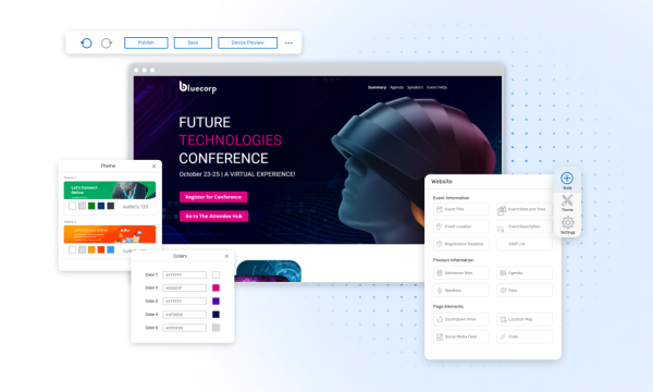 Event registration website features including colors, themes, and publishing
