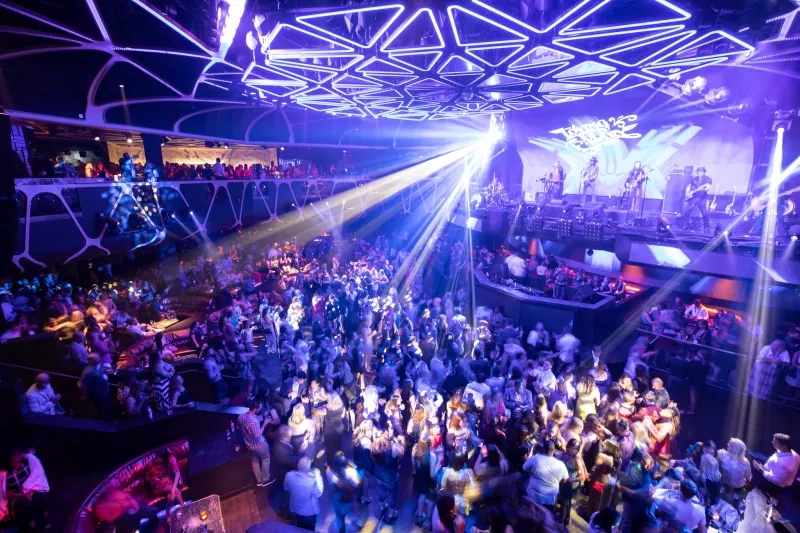 Huge crowd of people in the middle of the dance floor at Tao Nightclub.