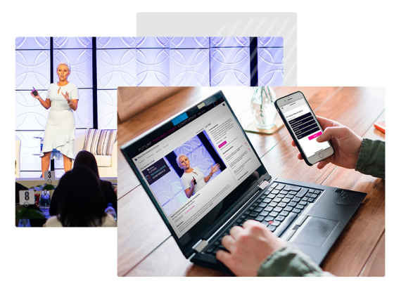 hands at a laptop and a presenter on a stage