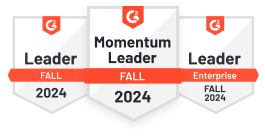 G2 badges that show Cvent ranked for several awards in 2024, including: Leader of Fall 2024, Enterprise Leader in Fall 2024, and Momentum Leader of Fall 2024.