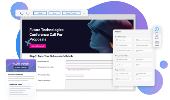 Website page with sidebar and call for speakers panel, and a side panel for the website.