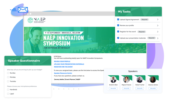 Speaker Questionnaire and My Tasks in the NAEP Innovation Symposium portal.