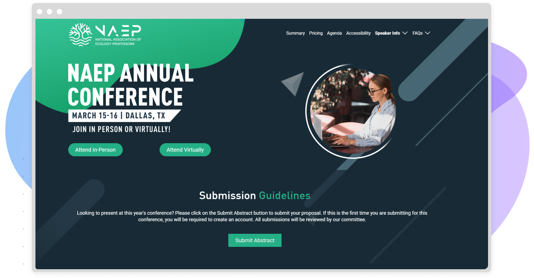 NAEP Annual Conference website with a woman using a laptop and submission guidelines.